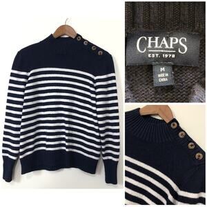 Chaps Navy White Striped Button Shoulder Sweater Medium Nautical Coastal Preppy
